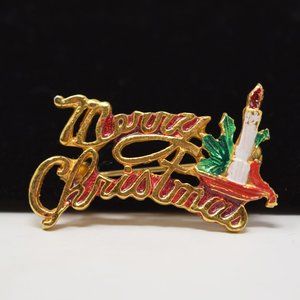 Merry Christmas Brooch Candle Goldtone Holiday Retro Festive Pin Party Office